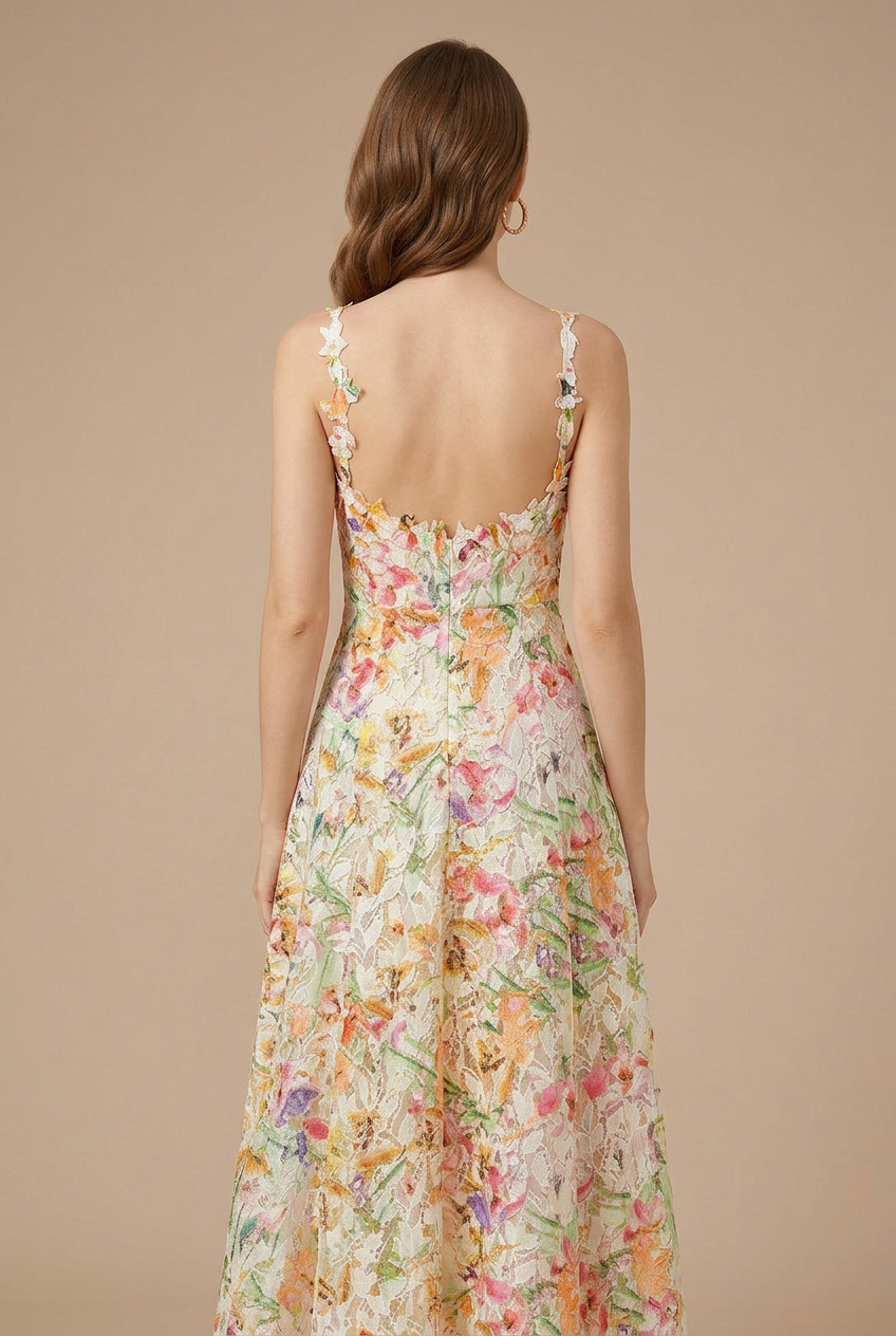 Damen V-Ausschnitt Florales Spitzen-Midikleid - 3D-Blütenblatt-Trägerdetail