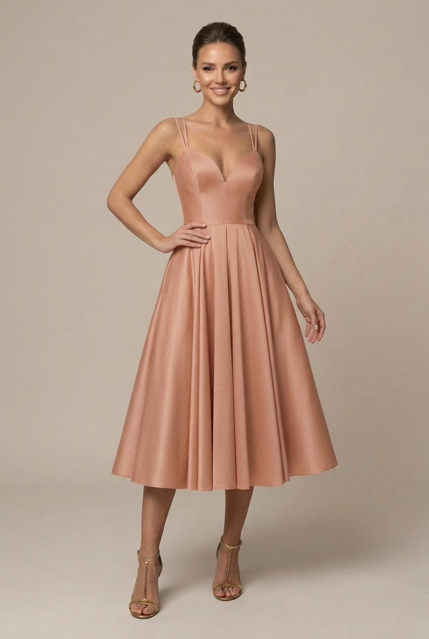 Women's V-Neck Midi Dress - Flowy A-Line Skirt - Double Strap