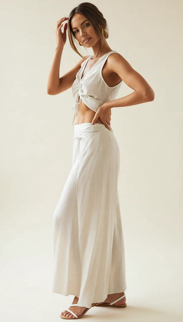 Women's Linen Two Piece Set - Sleeveless V-Neck Tank - Wide Leg