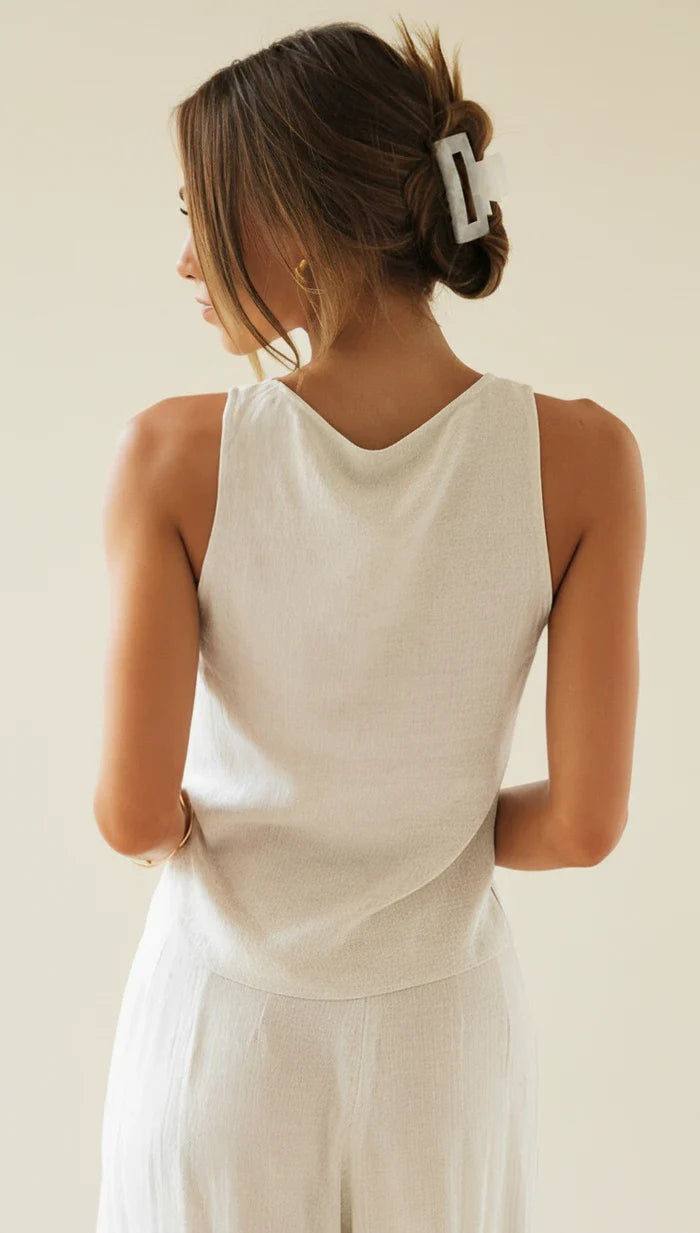 Women's Linen Two Piece Set - Sleeveless V-Neck Tank - Wide Leg