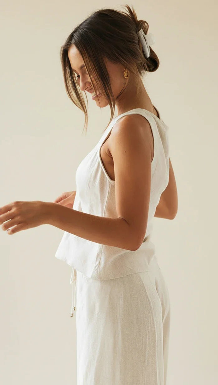 Women's Linen Two Piece Set - Sleeveless V-Neck Tank - Wide Leg