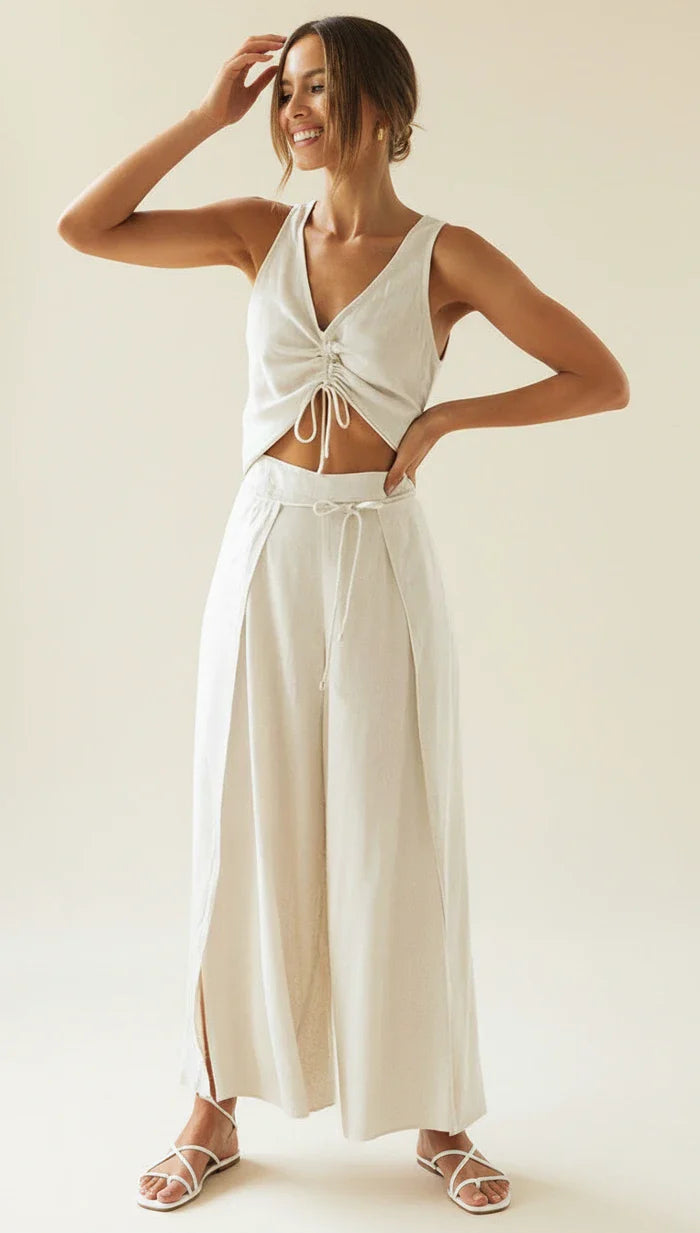 Women's Linen Two Piece Set - Sleeveless V-Neck Tank - Wide Leg