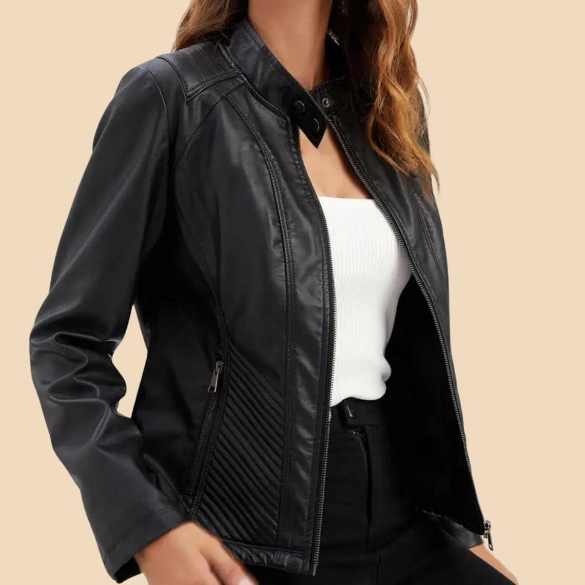 Women’s Zip-Front Faux Leather Jacket with Stand Collar and Quilted Panel Detailing