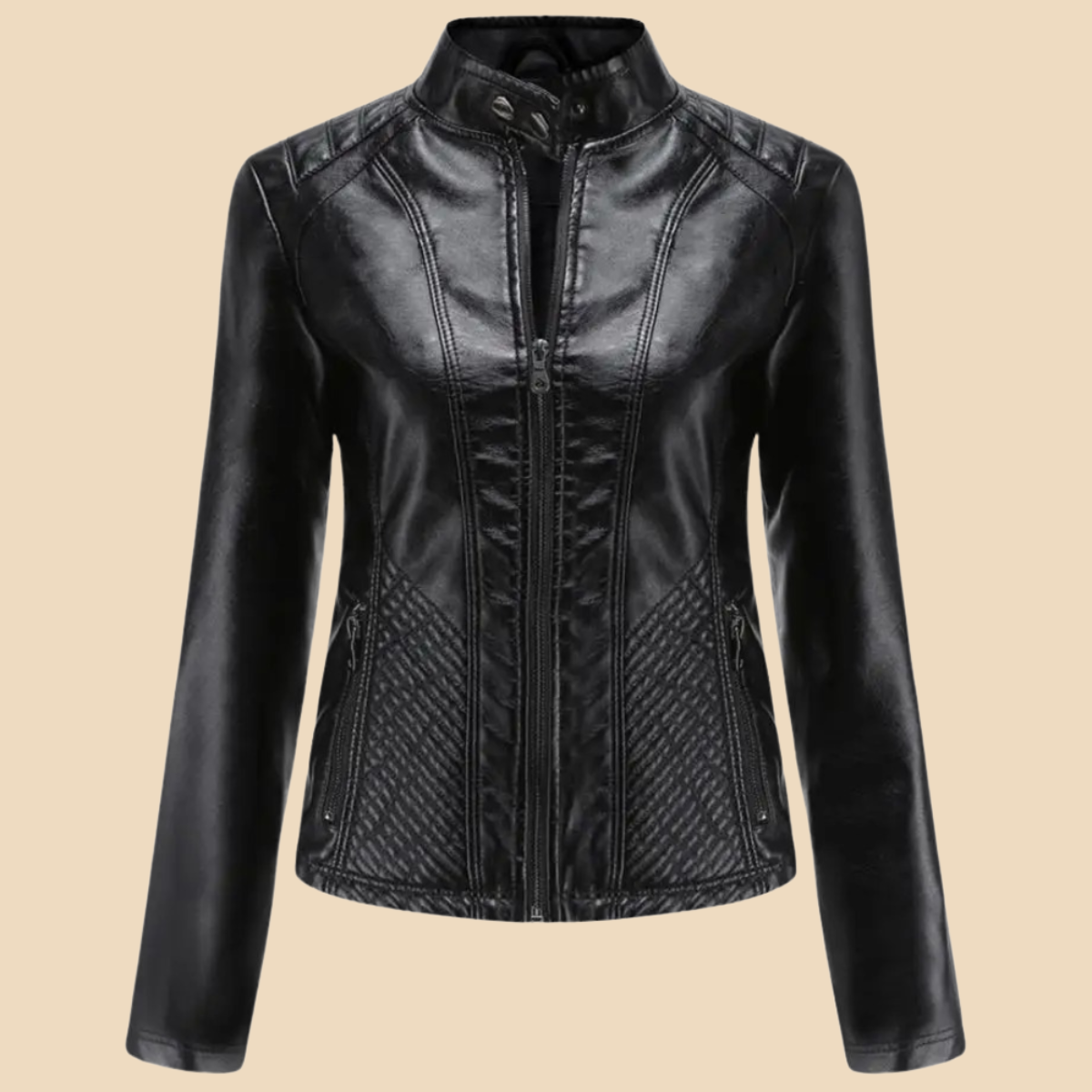 Women’s Zip-Front Faux Leather Jacket with Stand Collar and Quilted Panel Detailing
