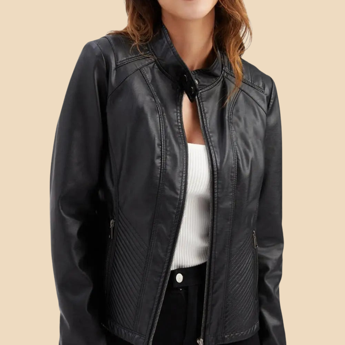 Women’s Zip-Front Faux Leather Jacket with Stand Collar and Quilted Panel Detailing