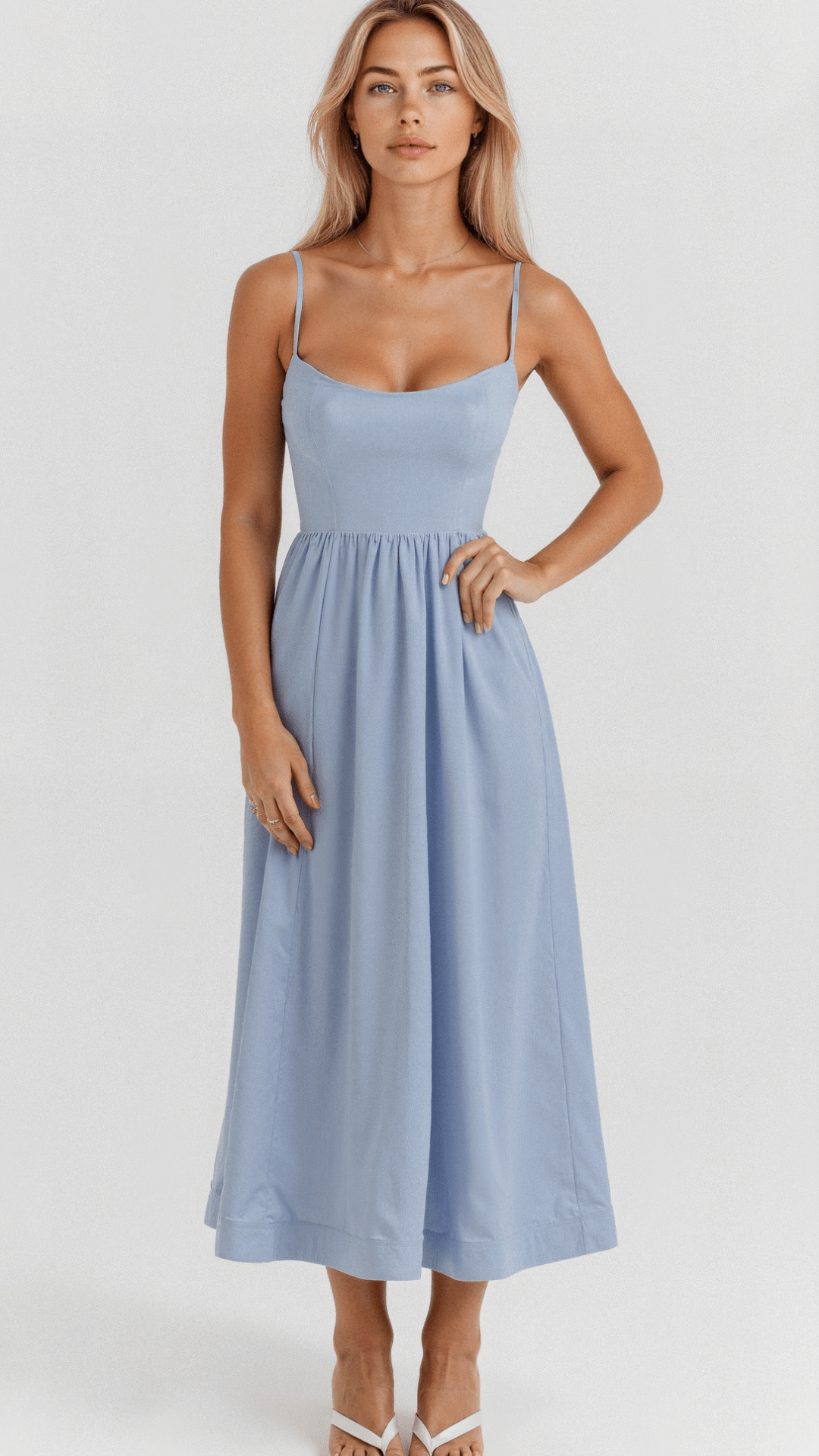 Women’s Spaghetti Strap A Line Midi Dress with Fitted Bodice