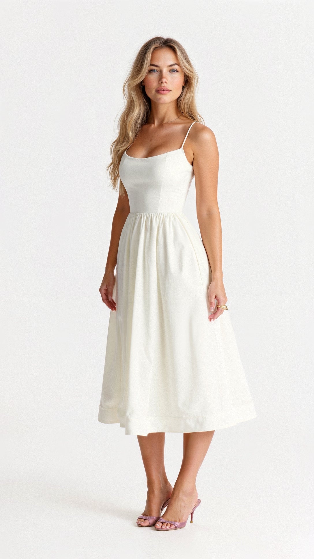 Women’s Spaghetti Strap A Line Midi Dress with Fitted Bodice
