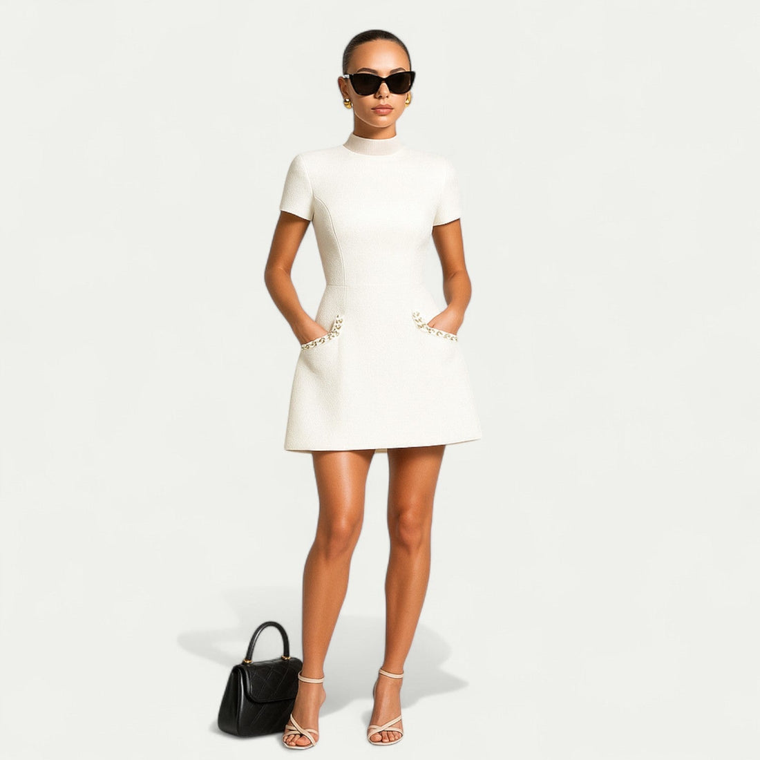 Women’s Pearl-Trim Mini Dress with Short Sleeves