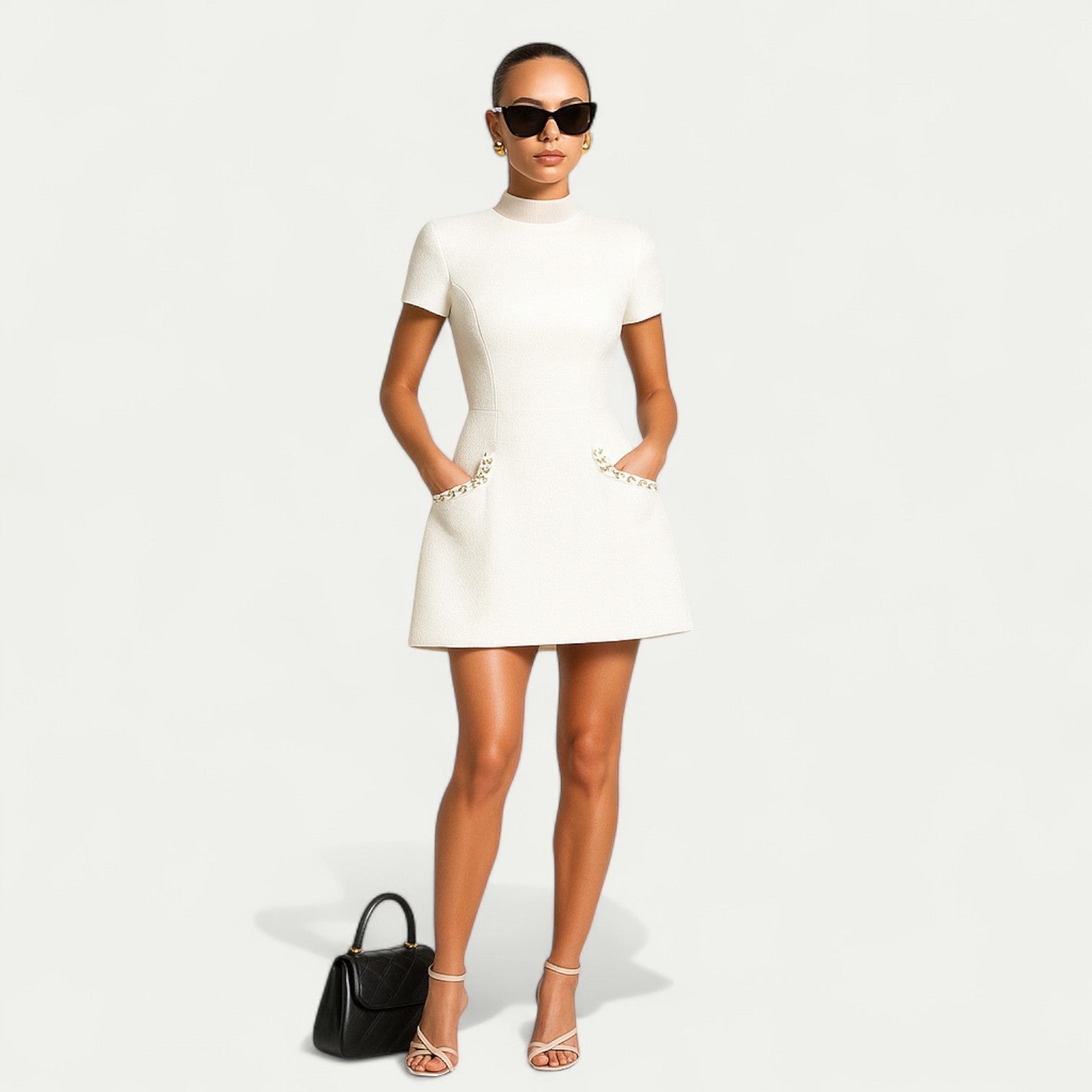 Women’s Pearl-Trim Mini Dress with Short Sleeves