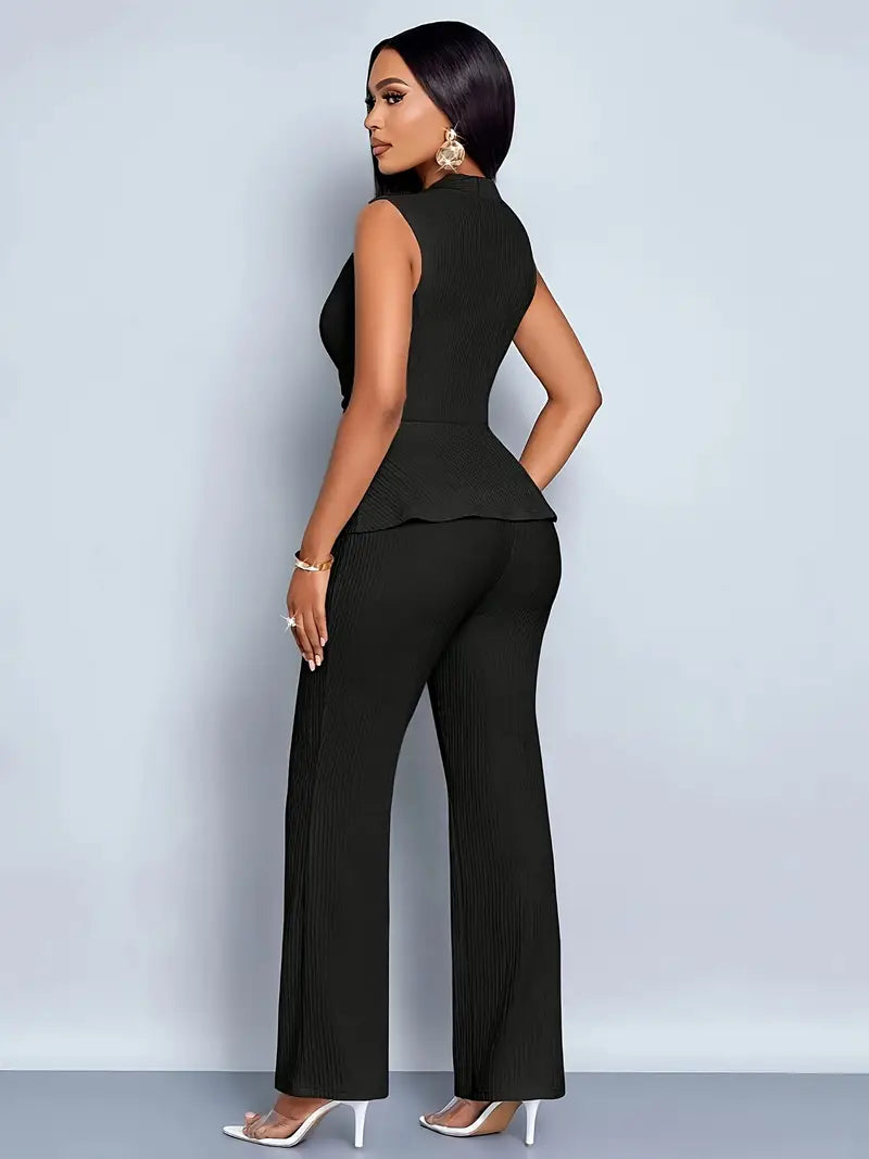 Women's Knit V-Neck Sleeveless Peplum Top Wide Leg Pants Set