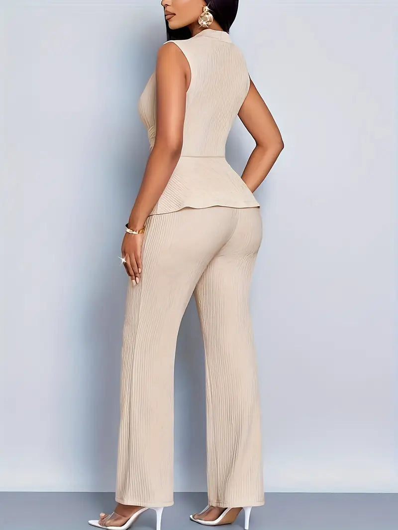 Women's Knit V-Neck Sleeveless Peplum Top Wide Leg Pants Set