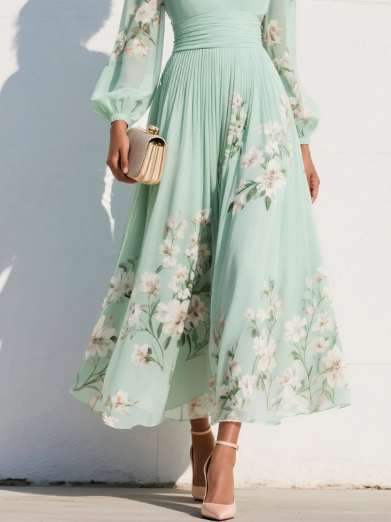 Women's Floral Border Print Maxi Dress - V-Neck Bishop Long Sleeves