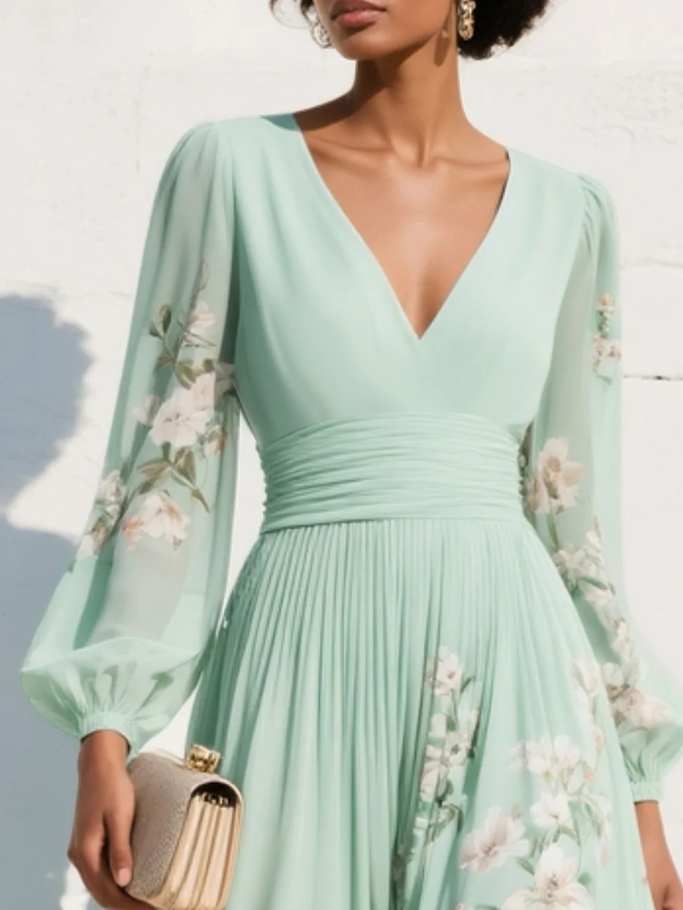 Women's Floral Border Print Maxi Dress - V-Neck Bishop Long Sleeves