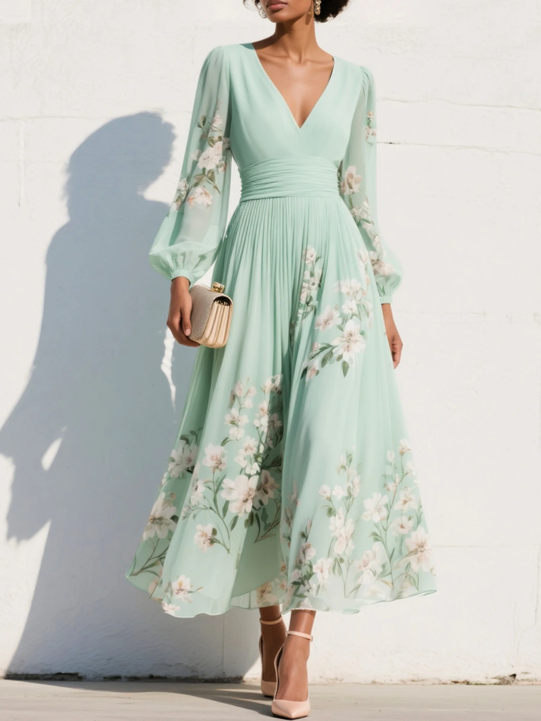 Women's Floral Border Print Maxi Dress - V-Neck Bishop Long Sleeves