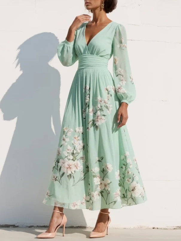 Women's Floral Border Print Maxi Dress - V-Neck Bishop Long Sleeves