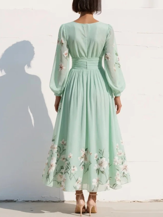 Women's Floral Border Print Maxi Dress - V-Neck Bishop Long Sleeves