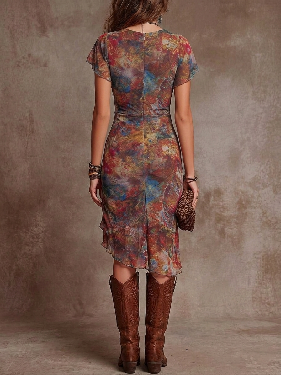Women's Abstract Print Midi Dress V-Neck