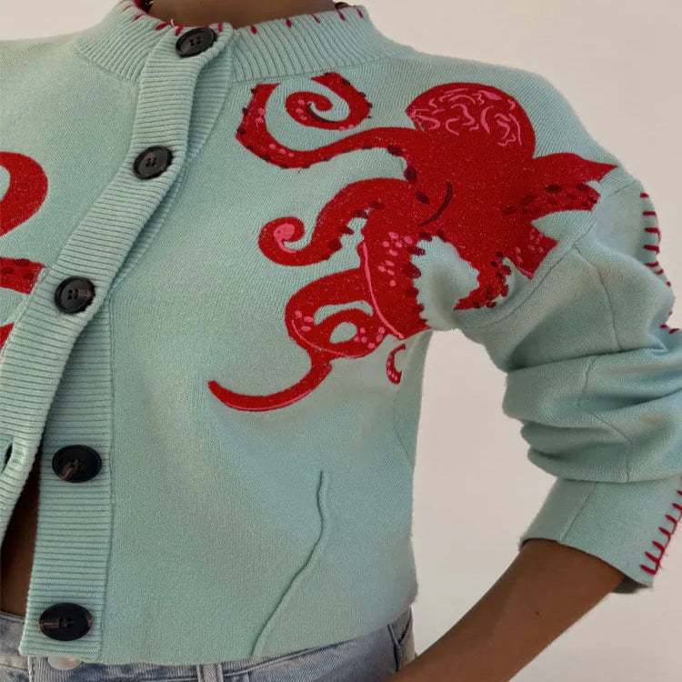 Women's Cardigan with Octopus Graphic and Ribbed Cuffs