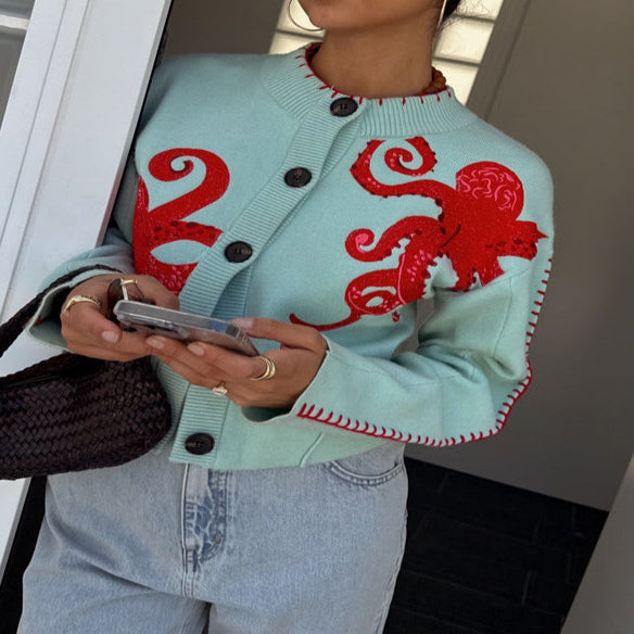 Women's Cardigan with Octopus Graphic and Ribbed Cuffs