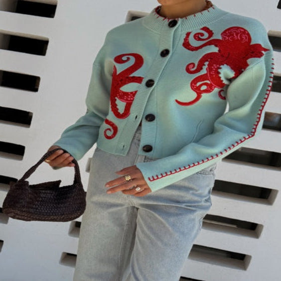 Women's Cardigan with Octopus Graphic and Ribbed Cuffs