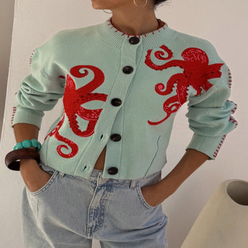 Women's Cardigan with Octopus Graphic and Ribbed Cuffs