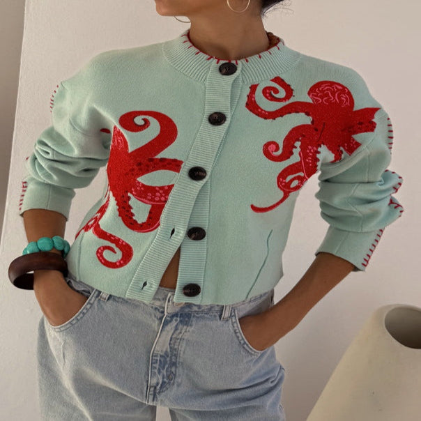 Women's Cardigan with Octopus Graphic and Ribbed Cuffs