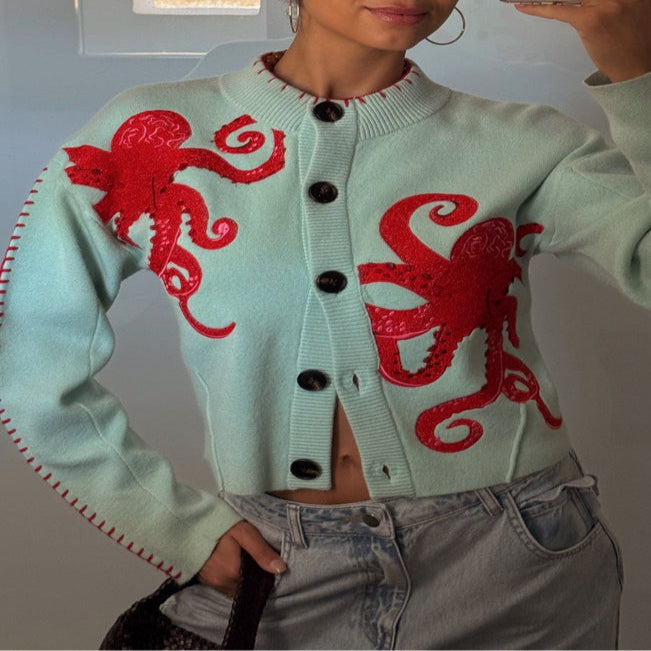 Women's Cardigan with Octopus Graphic and Ribbed Cuffs