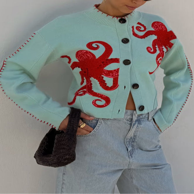 Women's Cardigan with Octopus Graphic and Ribbed Cuffs