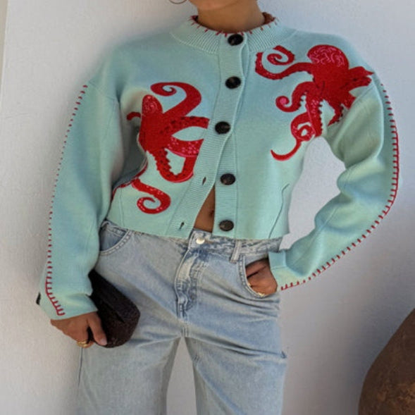 Women's Cardigan with Octopus Graphic and Ribbed Cuffs