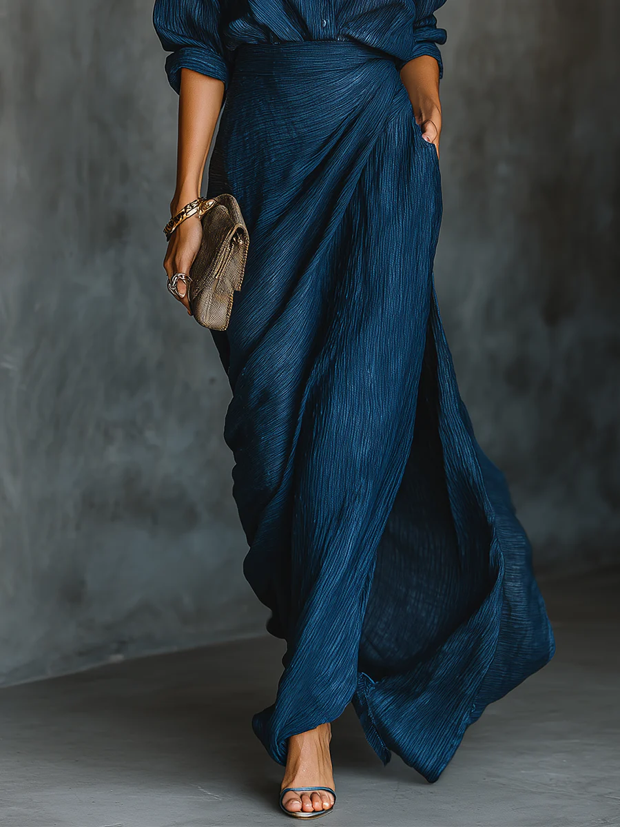 Women's Pleated Two-Piece Set Button-Front Wrap Style
