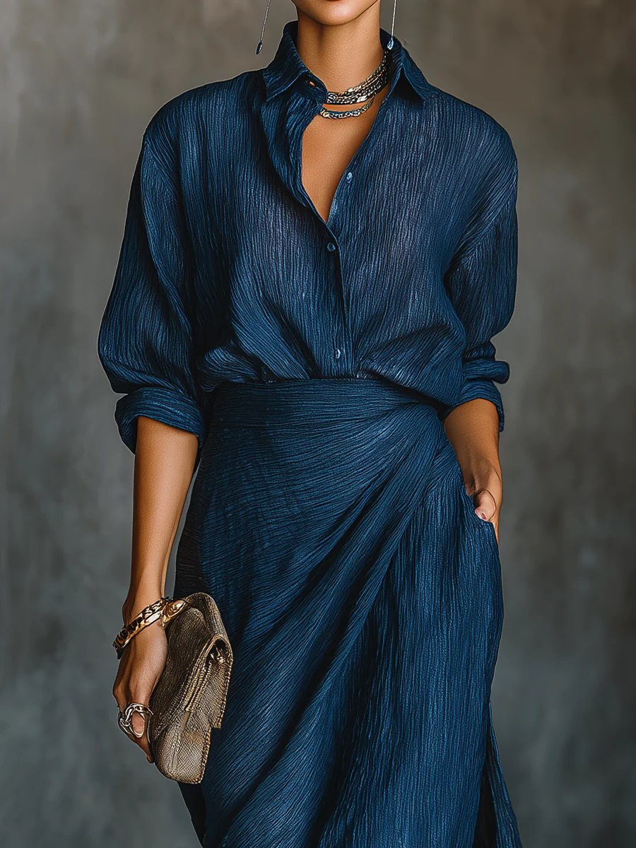 Women's Pleated Two-Piece Set Button-Front Wrap Style