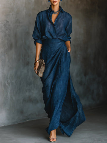 Women's Pleated Two-Piece Set Button-Front Wrap Style
