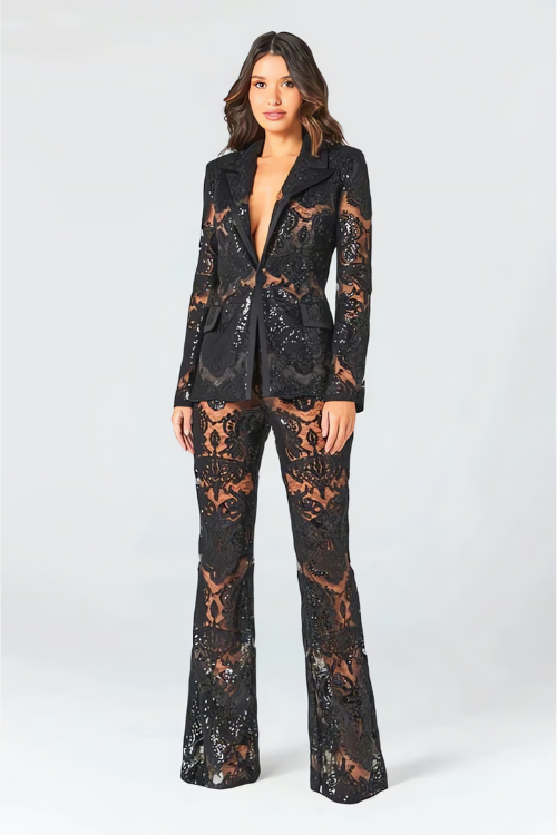 Women’s Elegant Lace Blazer and Flared Trousers Two Piece Set for Evening Wear