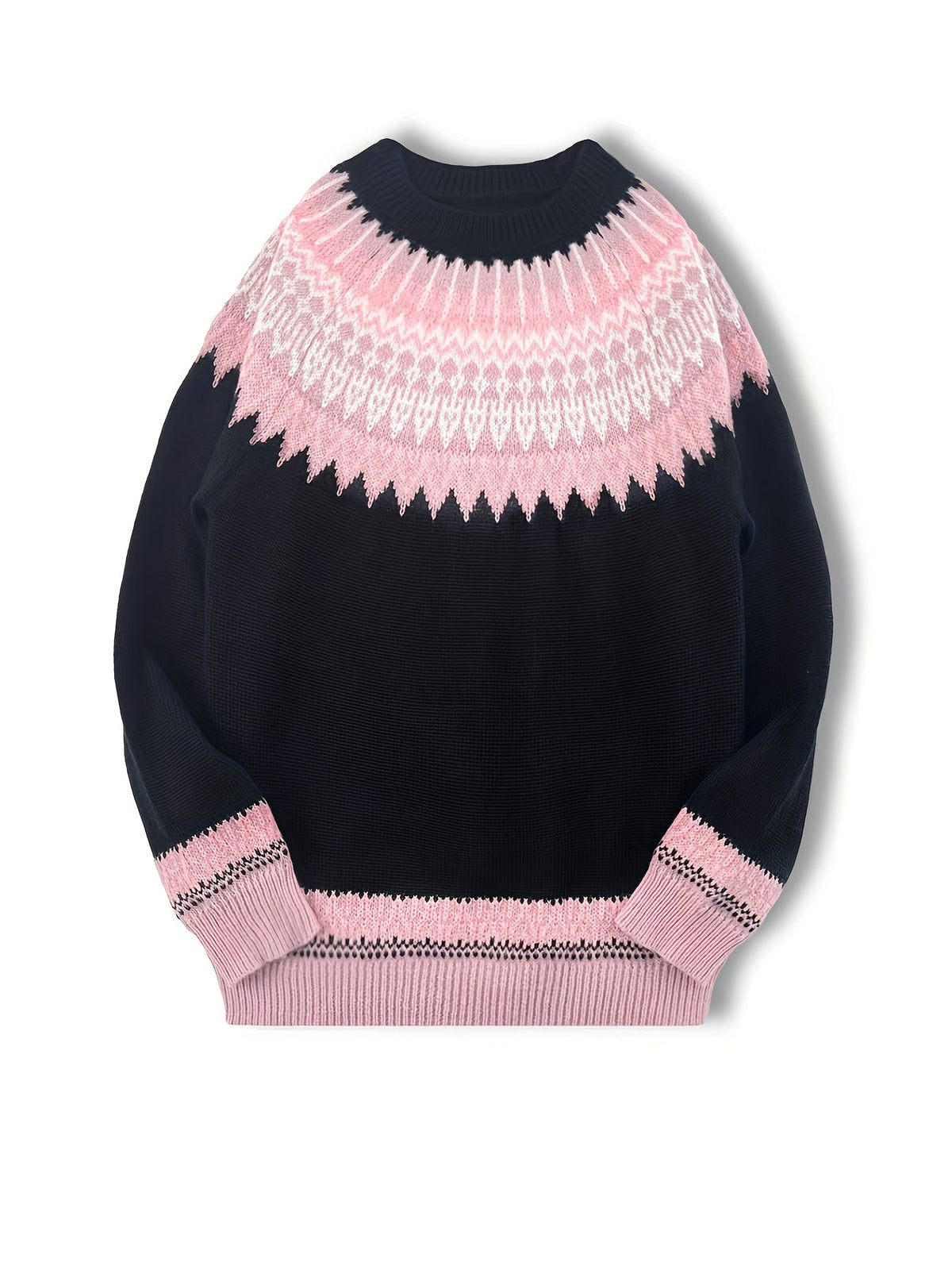 Chunky Knit Sweater with Jacquard Weave Pattern and Round Neck, Hip Length