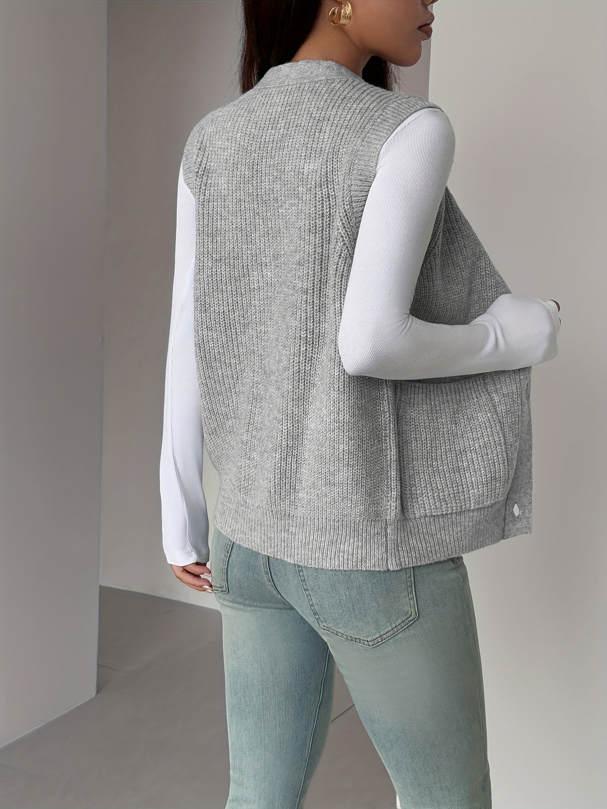 Sleeveless Knit Vest with Button Front and Front Pockets, Relaxed Fit