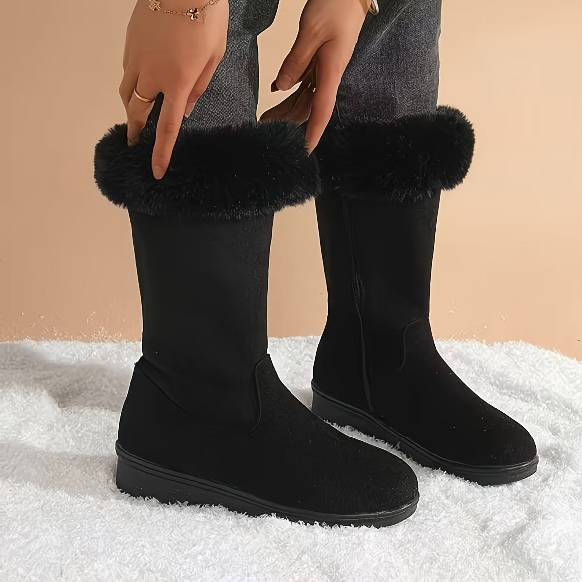 Slip-On Mid Calf Winter Boots with Textured Anti-Slip Sole and Plush Lining