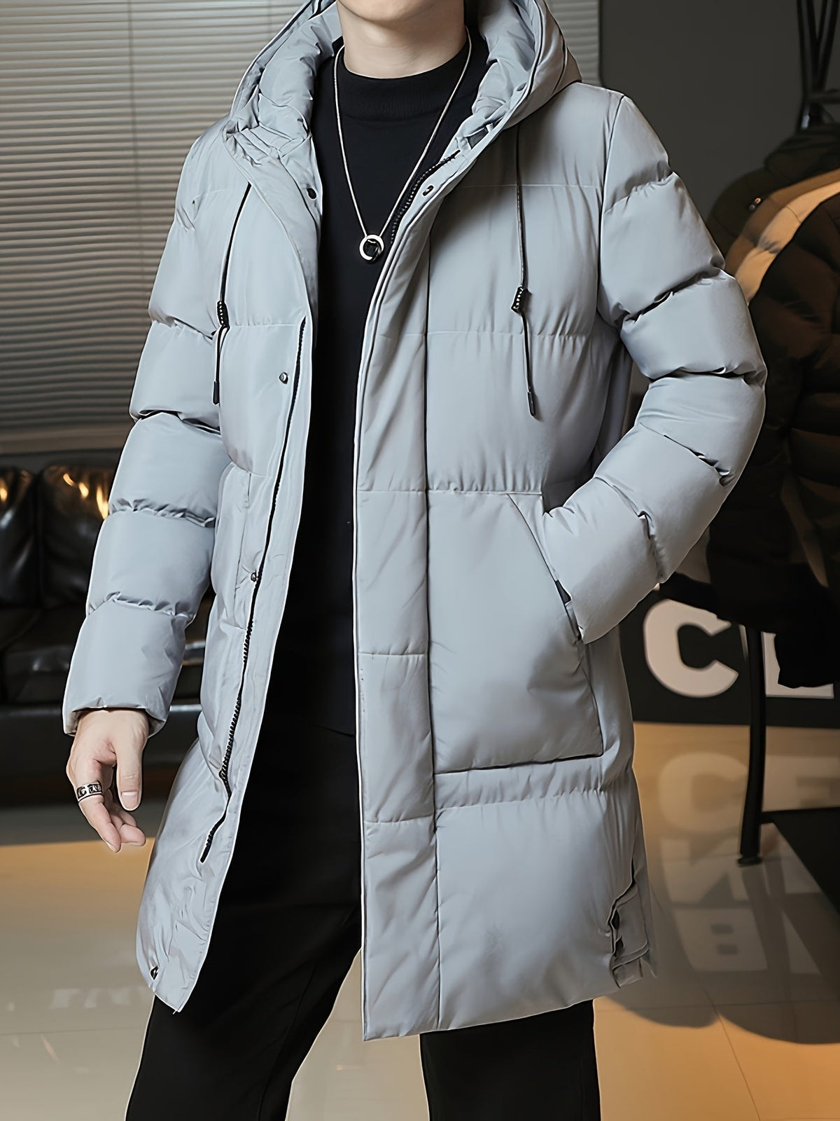 Padded Longline Coat with Adjustable Hood and Full Zipper
