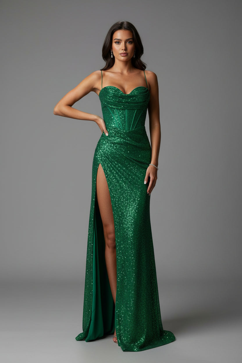 Women’s Corset Maxi Dress with Spaghetti Straps and High Slit