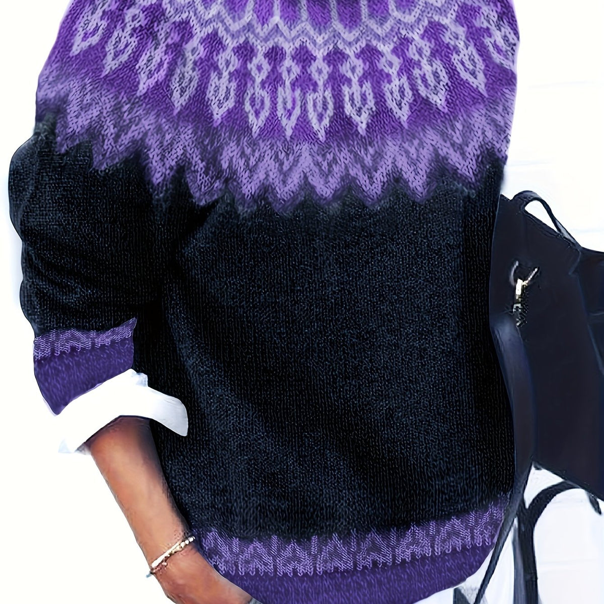 Chunky Knit Sweater with Jacquard Weave Pattern and Round Neck, Hip Length