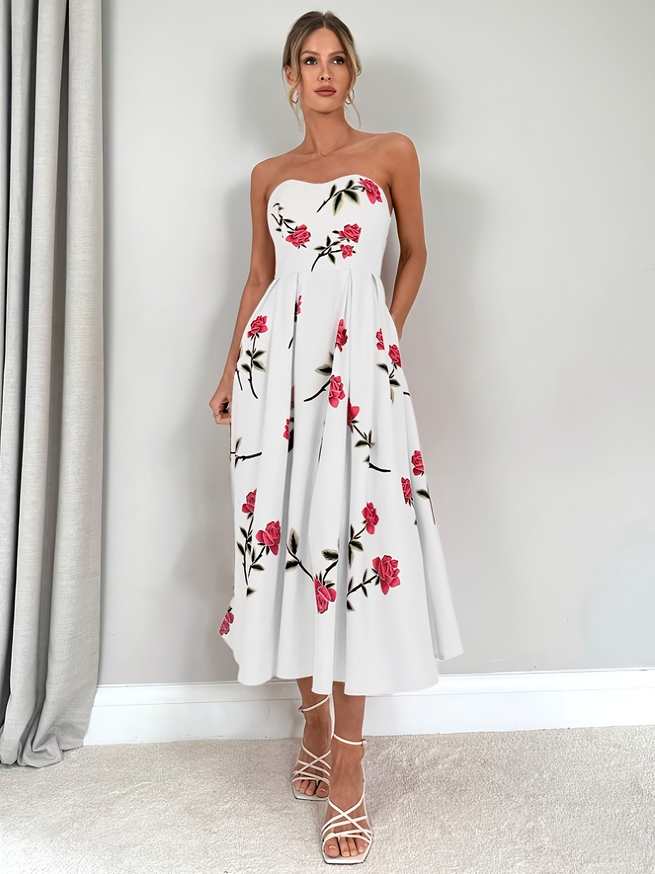 Women's Strapless Floral Print Midi Dress - Sweetheart Neck - Pleated A-Line Skirt
