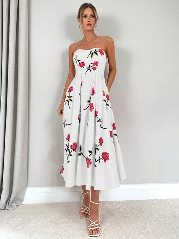 Women's Strapless Floral Print Midi Dress - Sweetheart Neck - Pleated A-Line Skirt