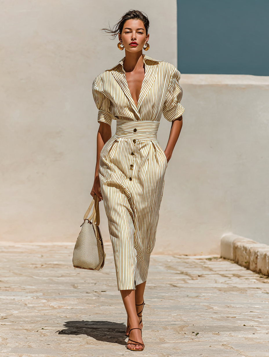 Women's Striped Midi Dress Shirt Style