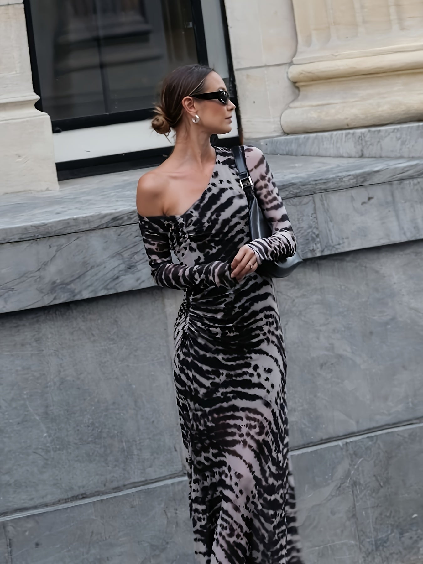 Women's Zebra Print Long Sleeve Maxi Dress with Ruched Detail