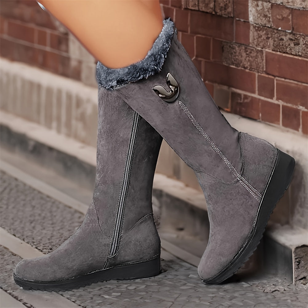 Slip-On Mid Calf Winter Boots with Textured Anti-Slip Sole and Plush Lining