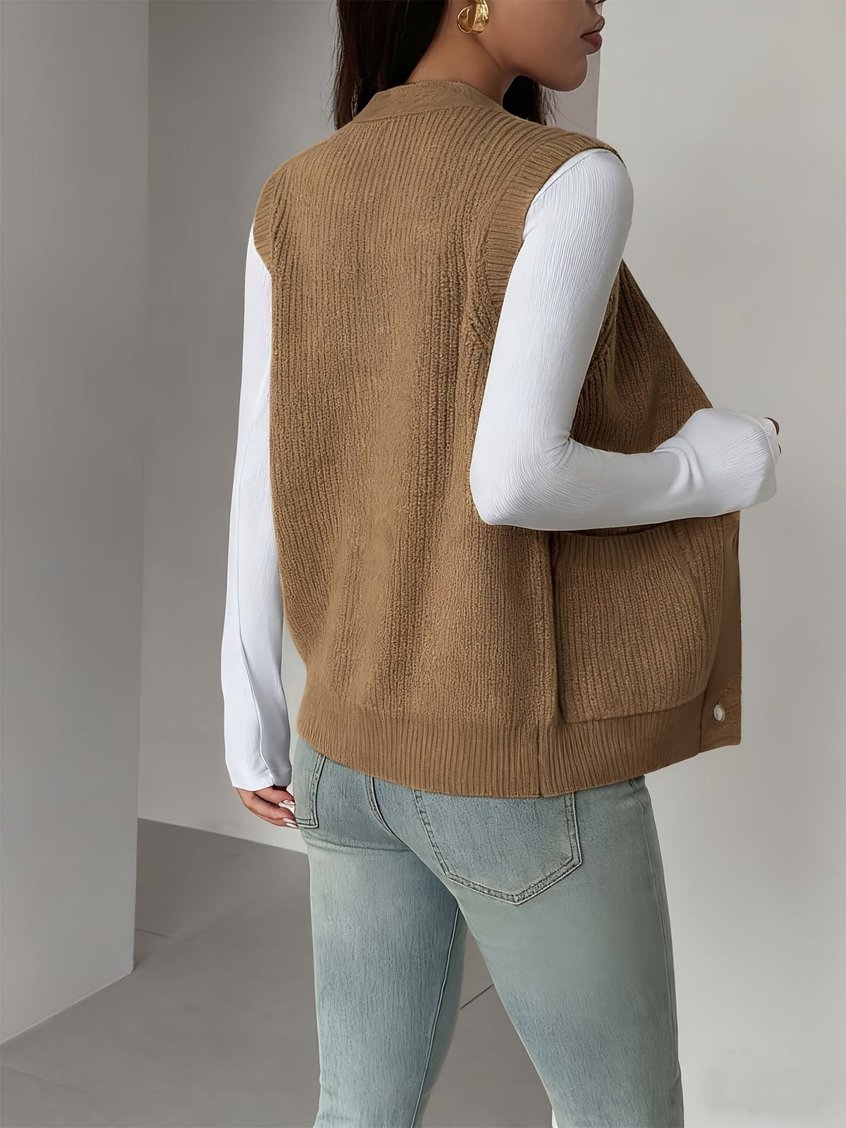 Sleeveless Knit Vest with Button Front and Front Pockets, Relaxed Fit