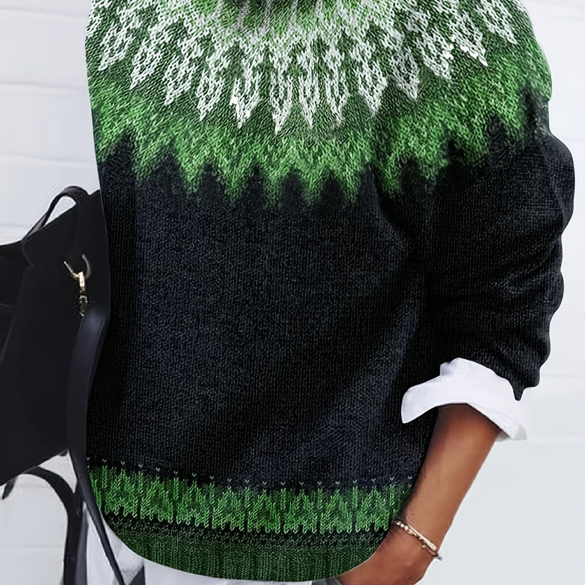 Chunky Knit Sweater with Jacquard Weave Pattern and Round Neck, Hip Length