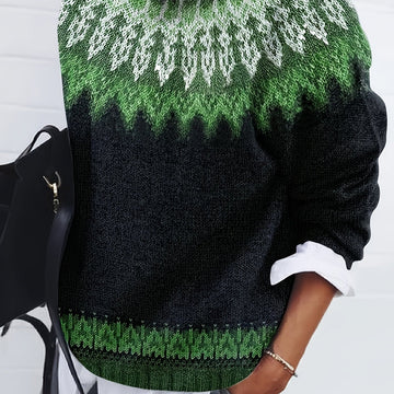 Chunky Knit Sweater with Jacquard Weave Pattern and Round Neck, Hip Length