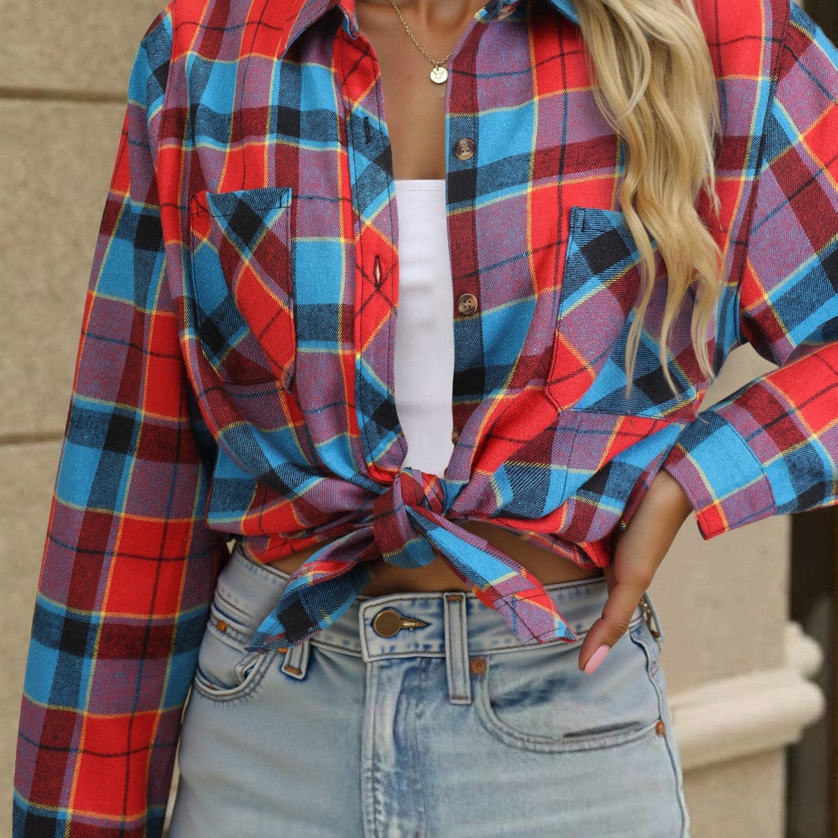 Button Up Buffalo Check Shirt with Chest Pockets and Relaxed Fit