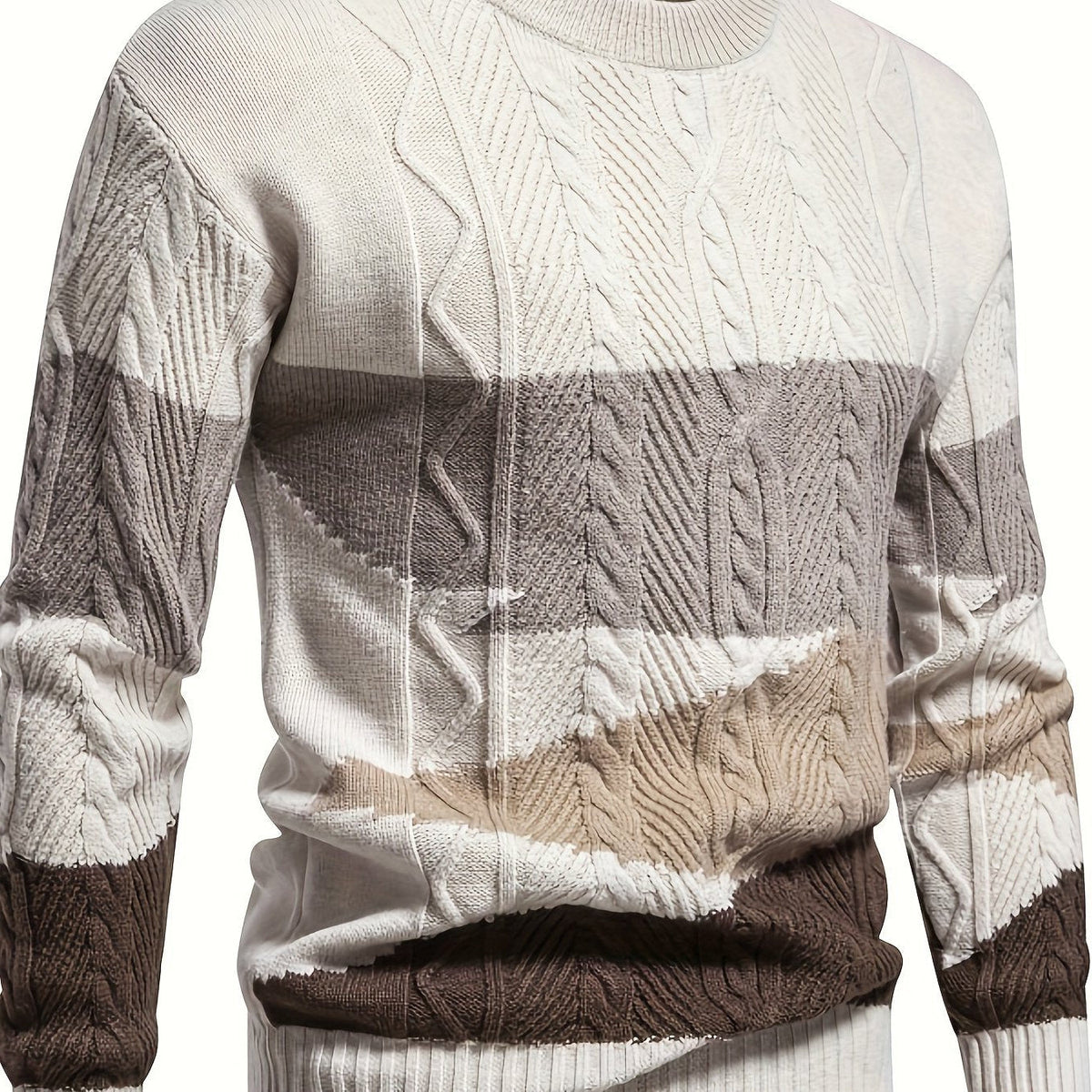 Cable Knit Pullover with Color Block Design and Round Neckline