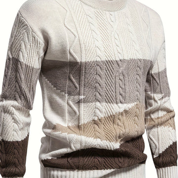 Cable Knit Pullover with Color Block Design and Round Neckline